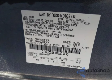 2017 Ford Flex Limited from USA, damaged, VIN 2FMGK5D88HBA05135